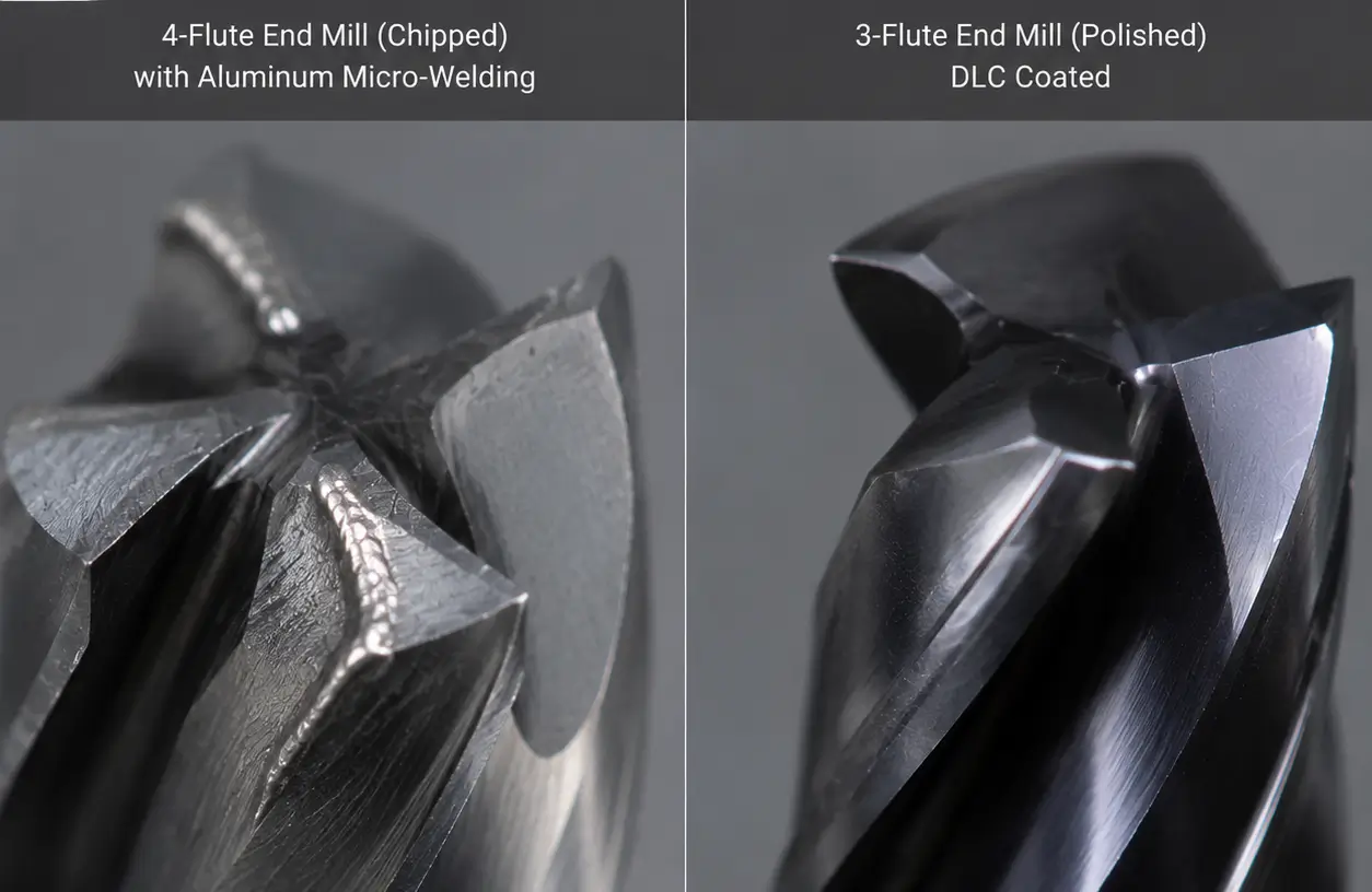 Comparison of tool galling on 4-flute cutter versus clean 3-flute DLC end mill for CNC milling aluminum Comparison of tool galling on 4-flute cutter versus clean 3-flute DLC end mill for CNC milling aluminum