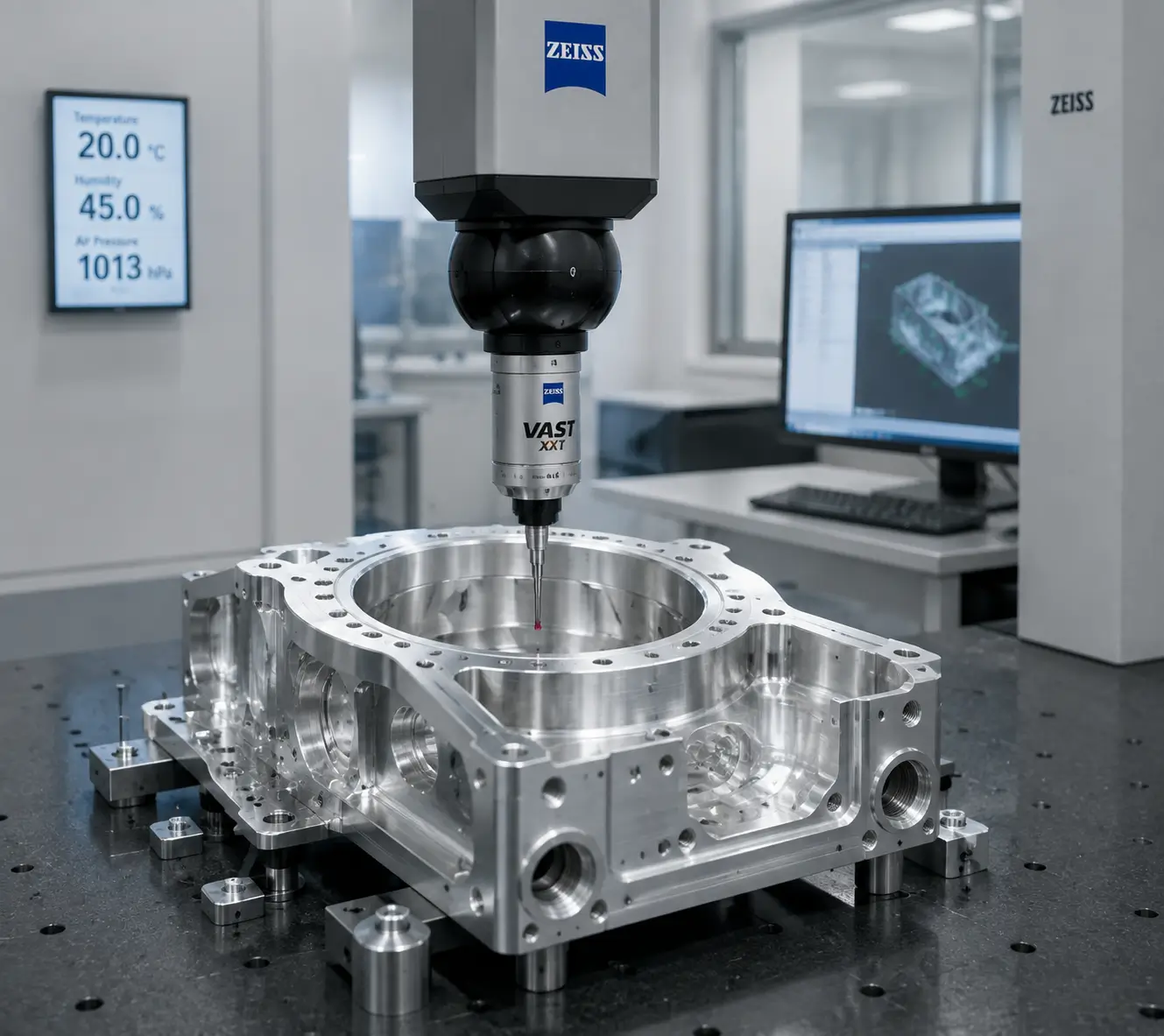 ZEISS 3D CMM inspecting precision aluminum component at Xiamen Dazao Machinery metrology lab ZEISS 3D CMM inspecting precision aluminum component at Xiamen Dazao Machinery metrology lab